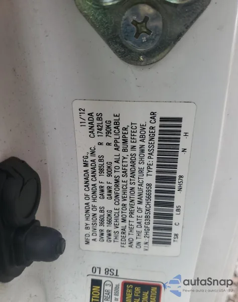 2012 Honda Civic Lx z USA, uszkodzony, nr VIN 2HGFG3B5XCH566958